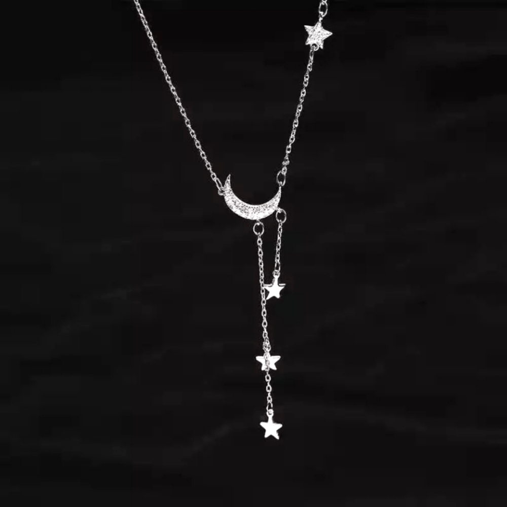 Gentle Silver Moon Stars Necklace